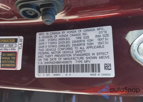 2019 Honda Cr-V Ex-L z USA, uszkodzony, nr VIN 2HKRW2H88KH608575